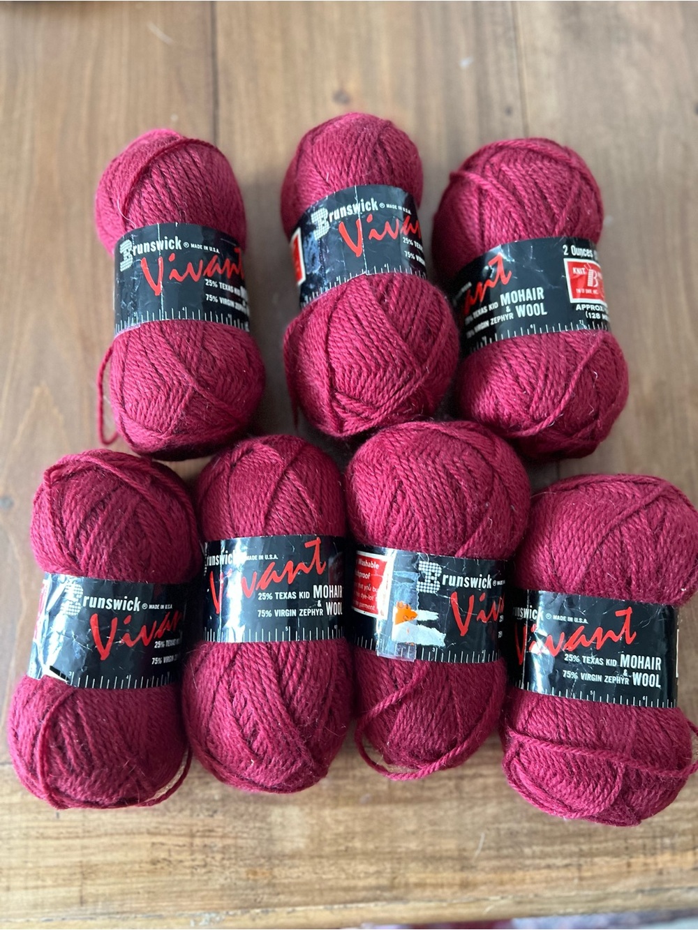 7 Skeins Brunswick Vivant Yarn Mohair Wool Blend 135 Yds/skein Maroon Made USA